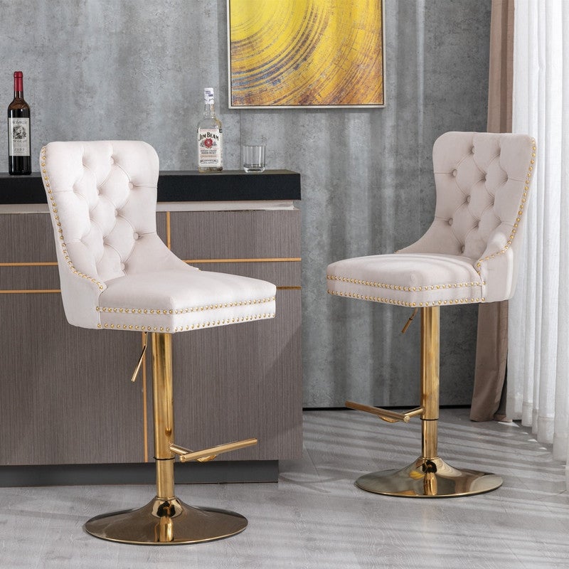 Set of 2 Swivel Velvet Barstools with Backs，Adjusatble Seat Height Design