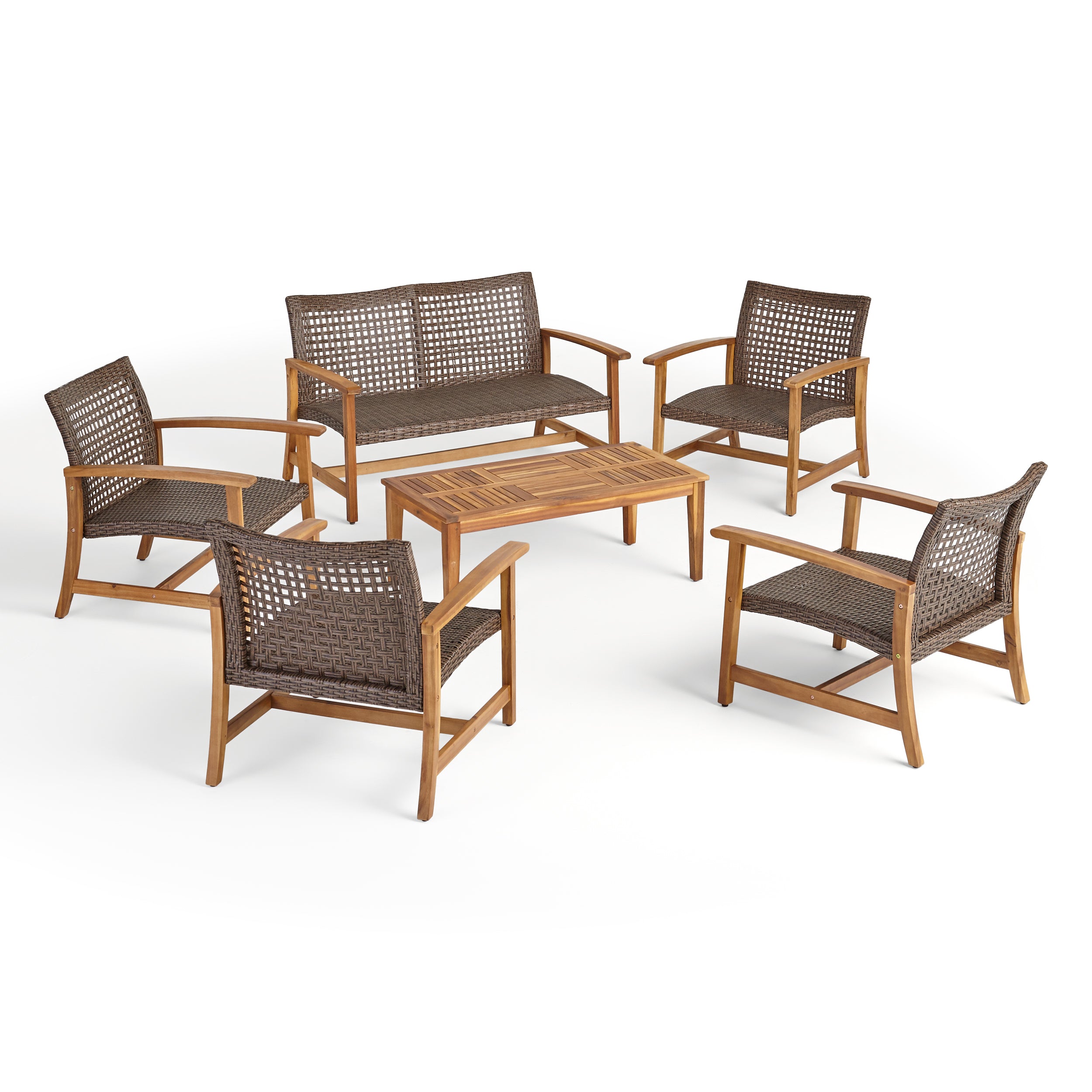 Alyssa Outdoor 6 Piece Wood and Wicker Chat Set