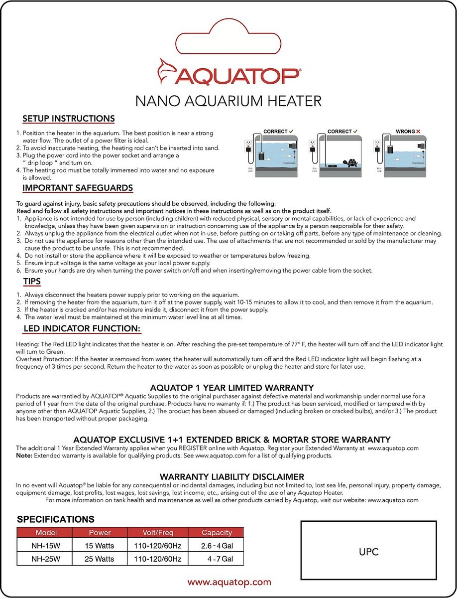 Aquatop Nano Aquarium Thermostat Heater， 15-watt