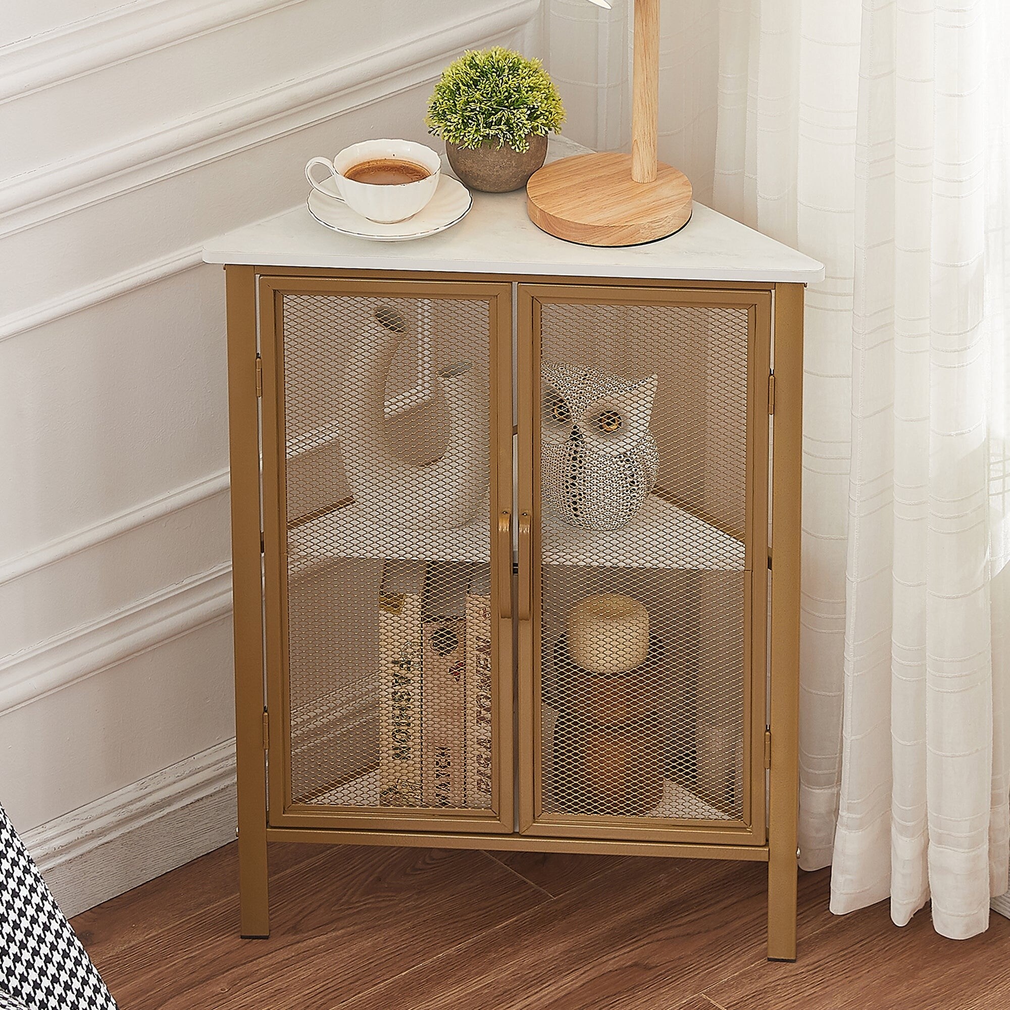 VECELO， Triangular Corner Cabinet with 3-tier Storage Shelves For Small Spaces(1PCS/2PCS)