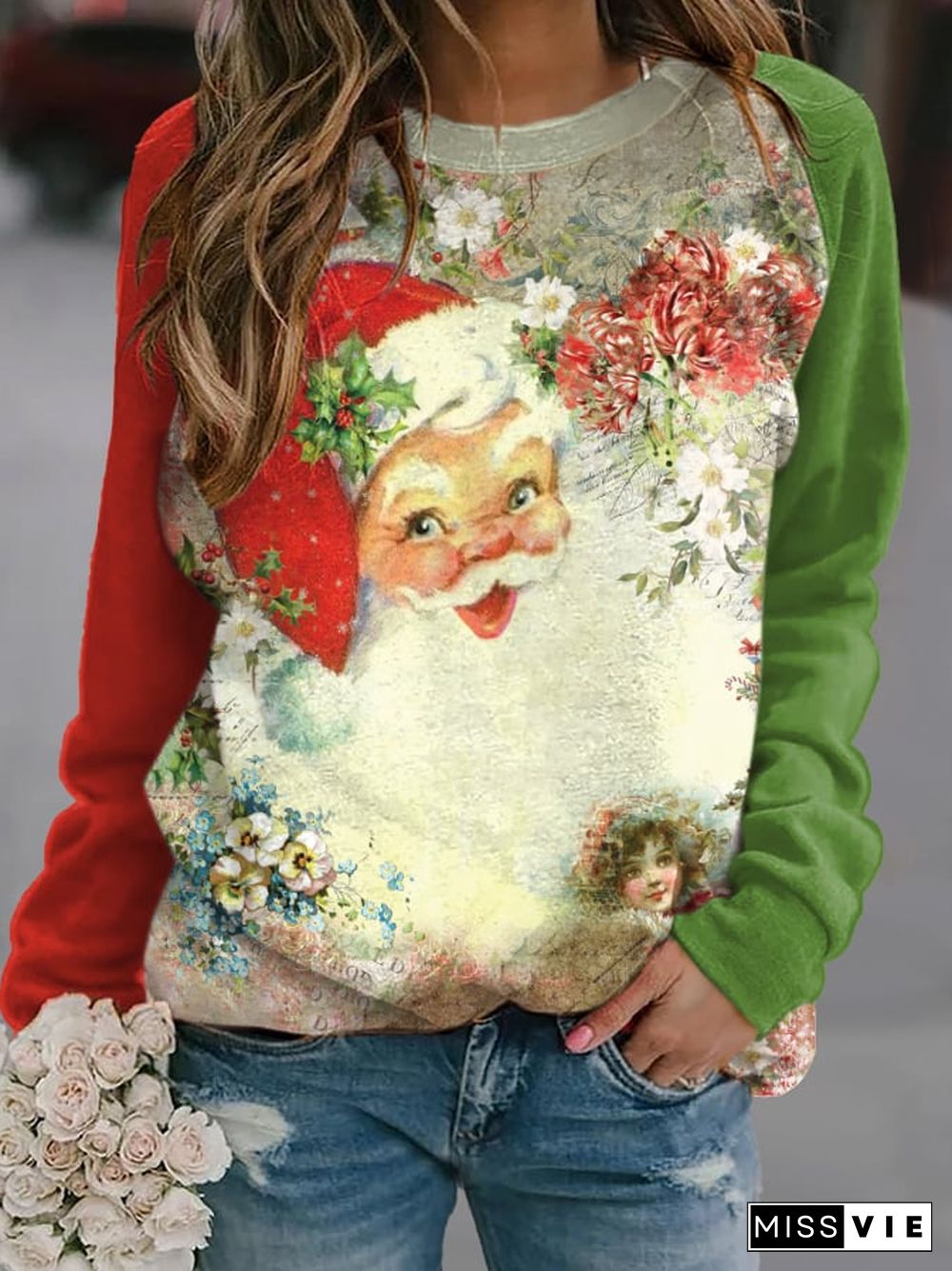 Women'S Merry Chrismas Print Crew Neck Sweatshirt