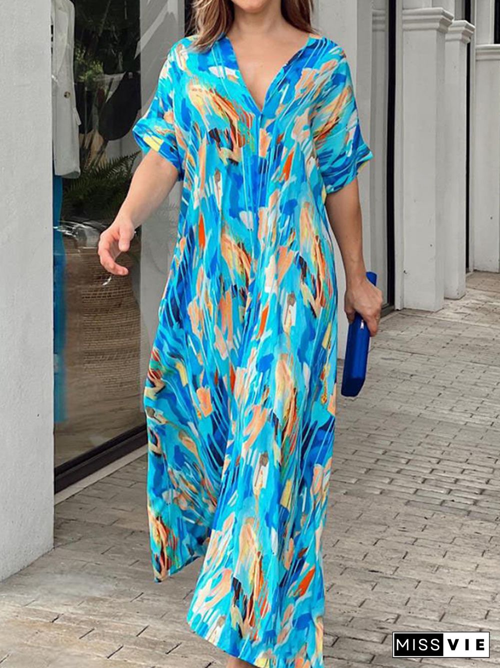 Loose Short Sleeves Multi-Colored Printed V-Neck Maxi Dresses