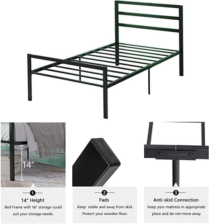 Twin Metal Bed Frame with Headboard and Footboard, 14 Inch Twin Platform Bed Frame with Storage, Heavy Duty Steel Twin Frame Bed, No Box Spring Needed for Boys Girls Twin Size, Black