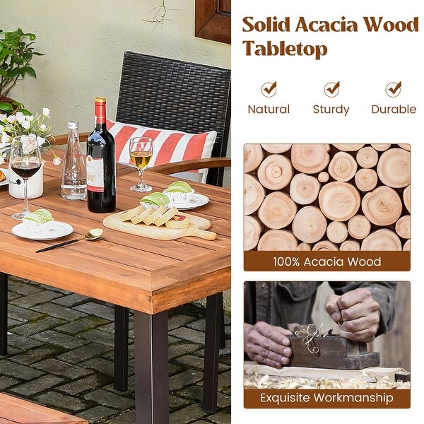 Patio Wood Dining Table Outdoor Picnic Table with Umbrella Hole