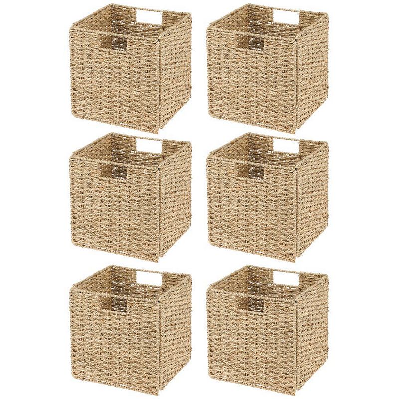 mDesign Seagrass Woven Cube Bin Basket Organizer， Handles， 4 Pack