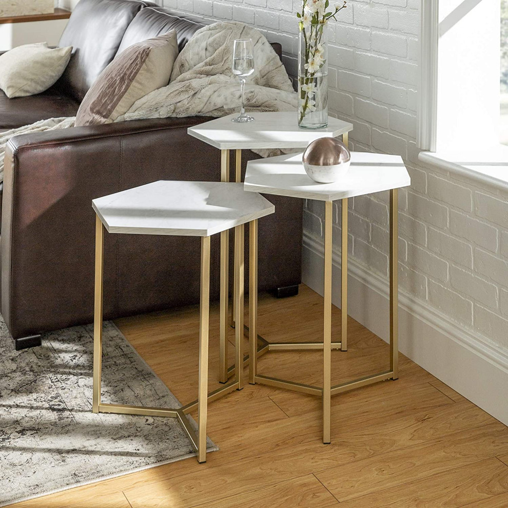 Marble and Gold Modern Hexagon Nesting Side End Table Set   Transitional   Coffee Table Sets   by Imtinanz  LLC  Houzz