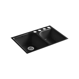 KOHLER Executive Chef Undermount Cast Iron 33 in. 4-Hole Double Basin Kitchen Sink in Black K-5931-4U-7