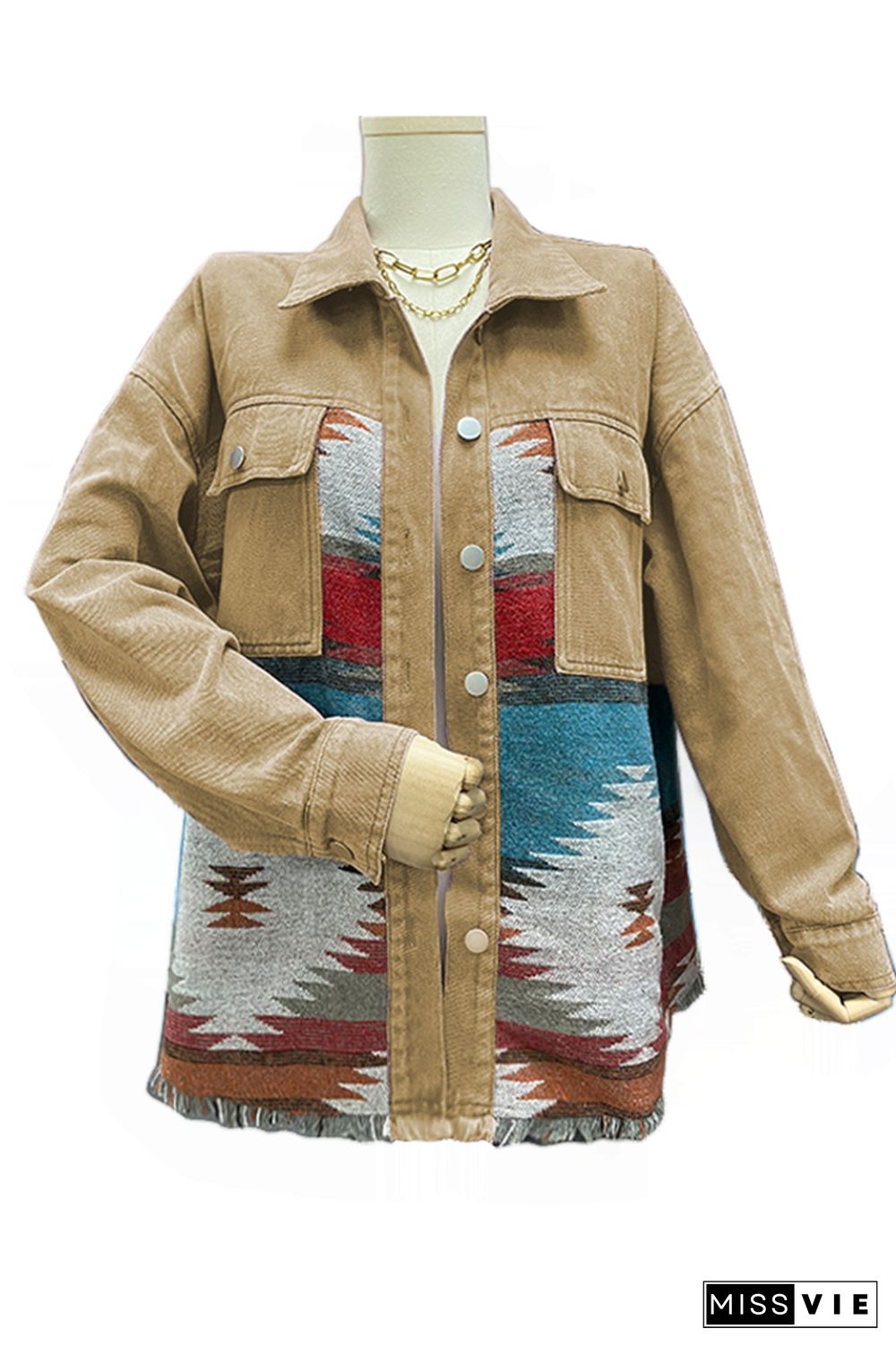 Distressed Aztec Denim Jacket Coat