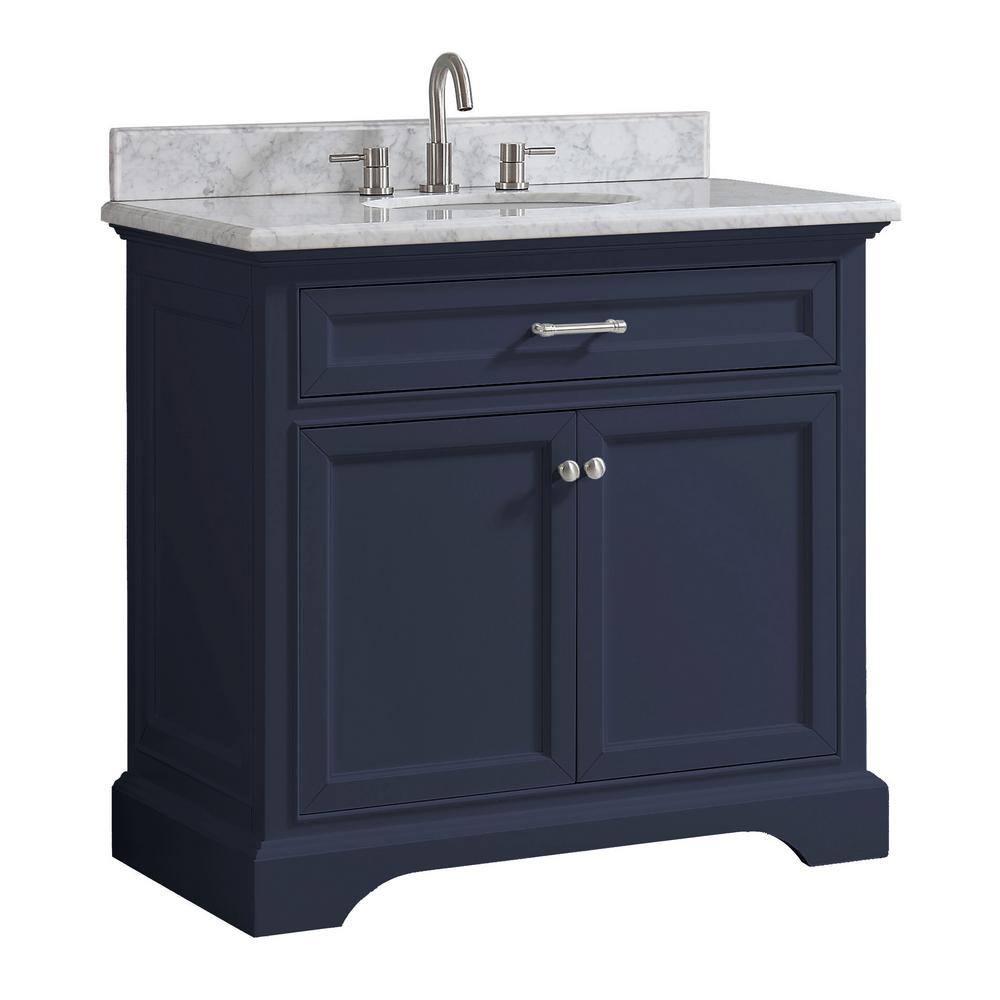 Home Decorators Collection Windlowe 37 in. W x 22 in. D x 35 in. H Bath Vanity in Navy Blue with Carrara Marble Vanity Top in White with White Sink 15101-VS37C-NB