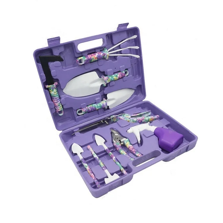 Wholesale 10 Pieces Printed Gardening Hand Tools and Succulent Kits in Purple Color with Organizing Case