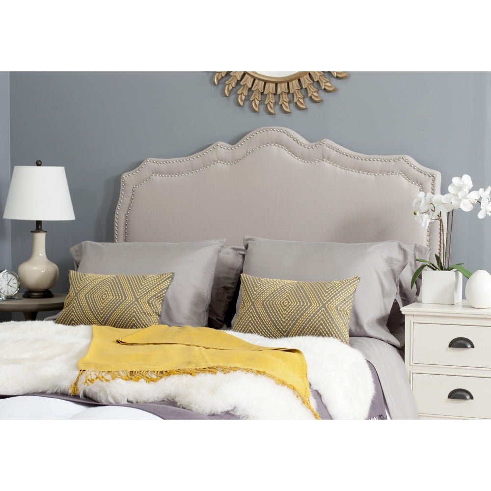 SAFAVIEH Skyler Taupe Linen Upholstered Headboard - Silver Nailhead (Queen) - - 9529819