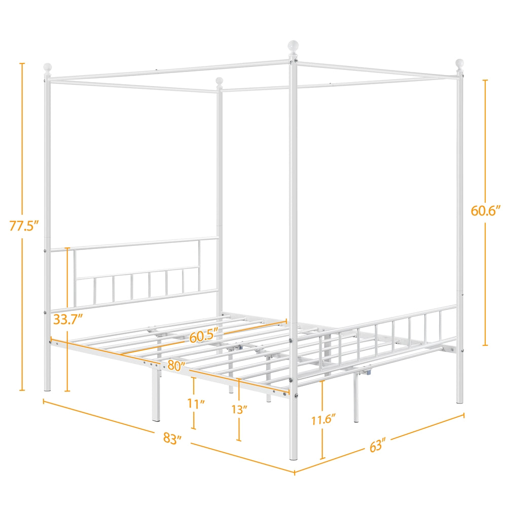 Easyfashion Metal Canopy Bed Frame Four Poster Bed with Headboard and Footboard, White, Queen