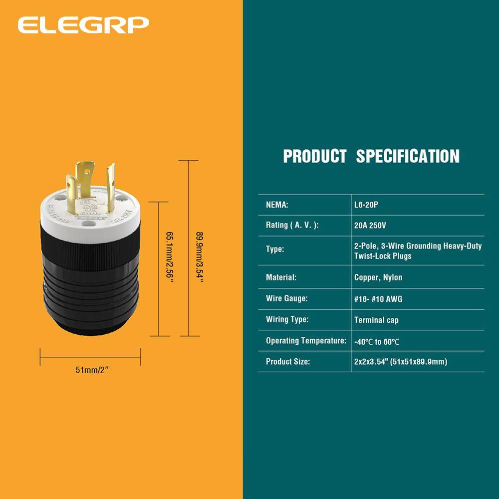 ELEGRP 20 Amp 250-Volt NEMA L6-20P Locking Plug Industrial Grade Grounding Heavy-Duty BlackWhite L0620P