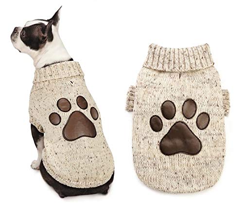 Dog Coat Aberdeen Sweaters Faux Leather Pawprint Turtleneck Warm Acrylic Knit (Small/Medium)