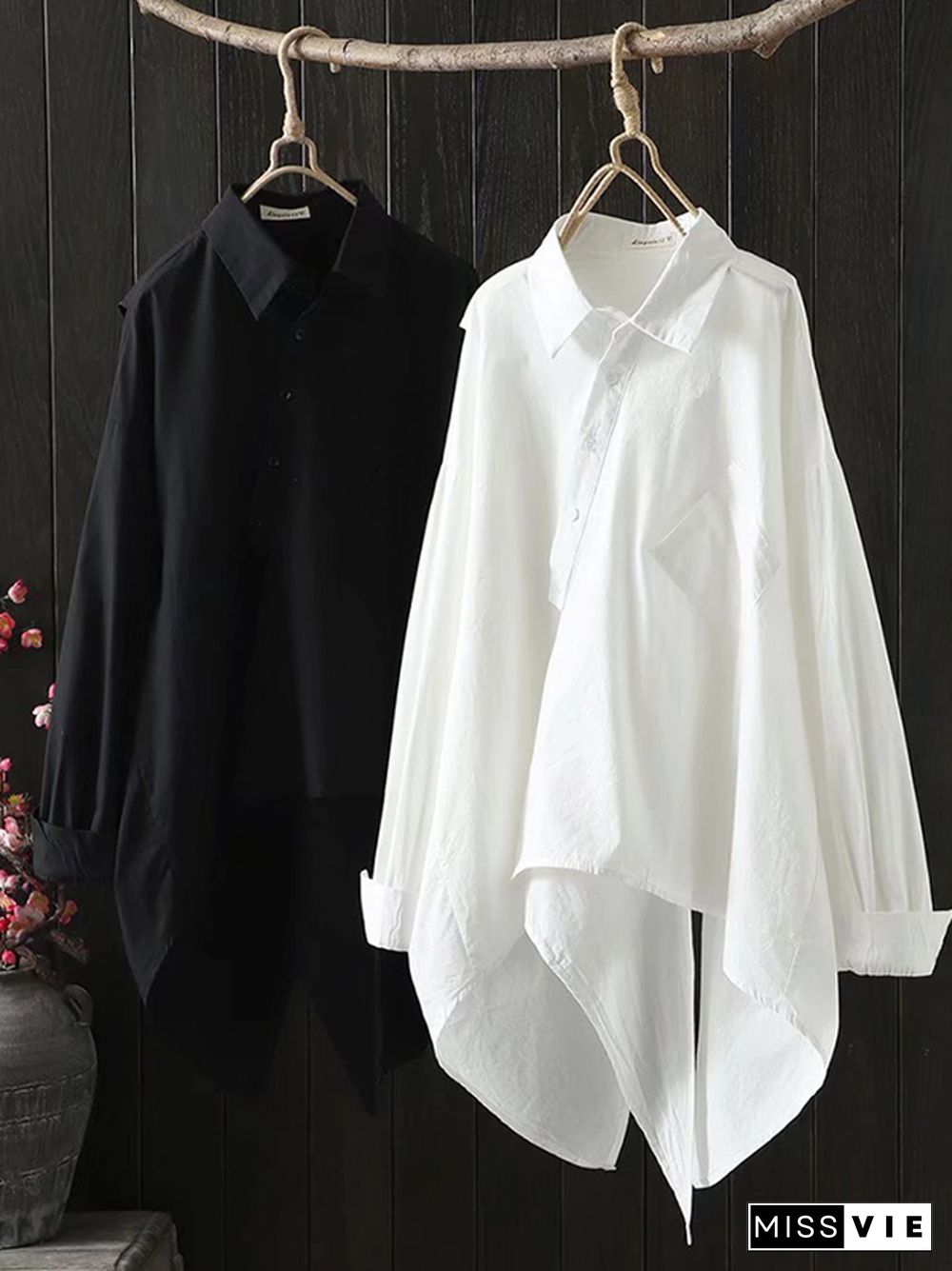 Urban Loose Black White Long Sleeves Irregular Blouse