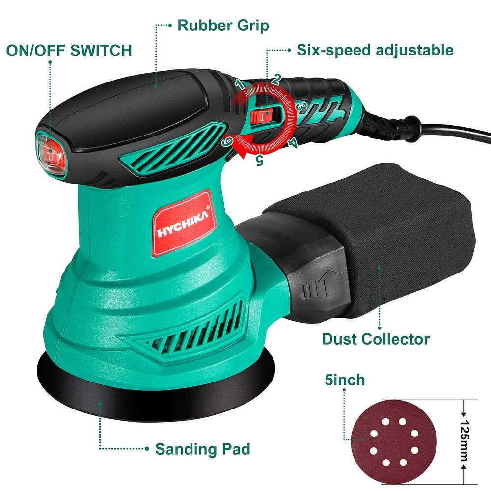 Hychika Variable Speed Random Orbital Sander with 12Pcs Sandpapers