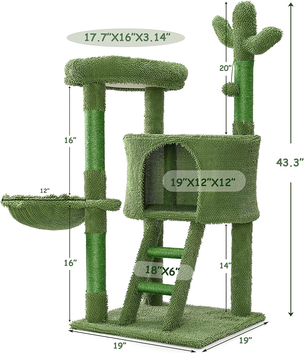 | Cat Tree Tower 43” for Indoor Cats | Cat Condo with Hammock and Cactus Scratching Posts Tree for Kittens | Tall Cat Climbing Stand with Cute Hanging Ball & Toys for Play House