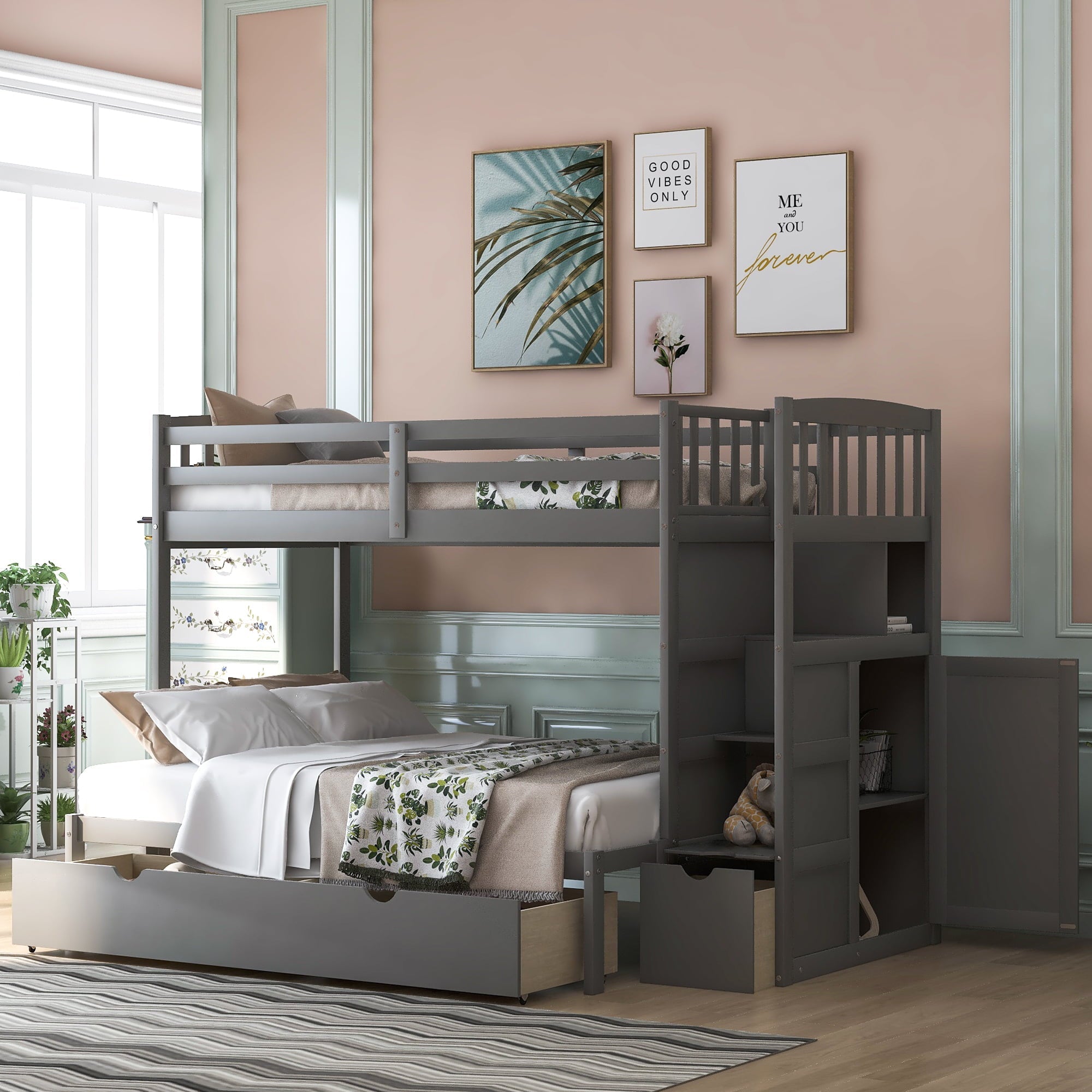 Euroco Twin over Twin/Full Bunk Bed for Kids Bedroom, Gray