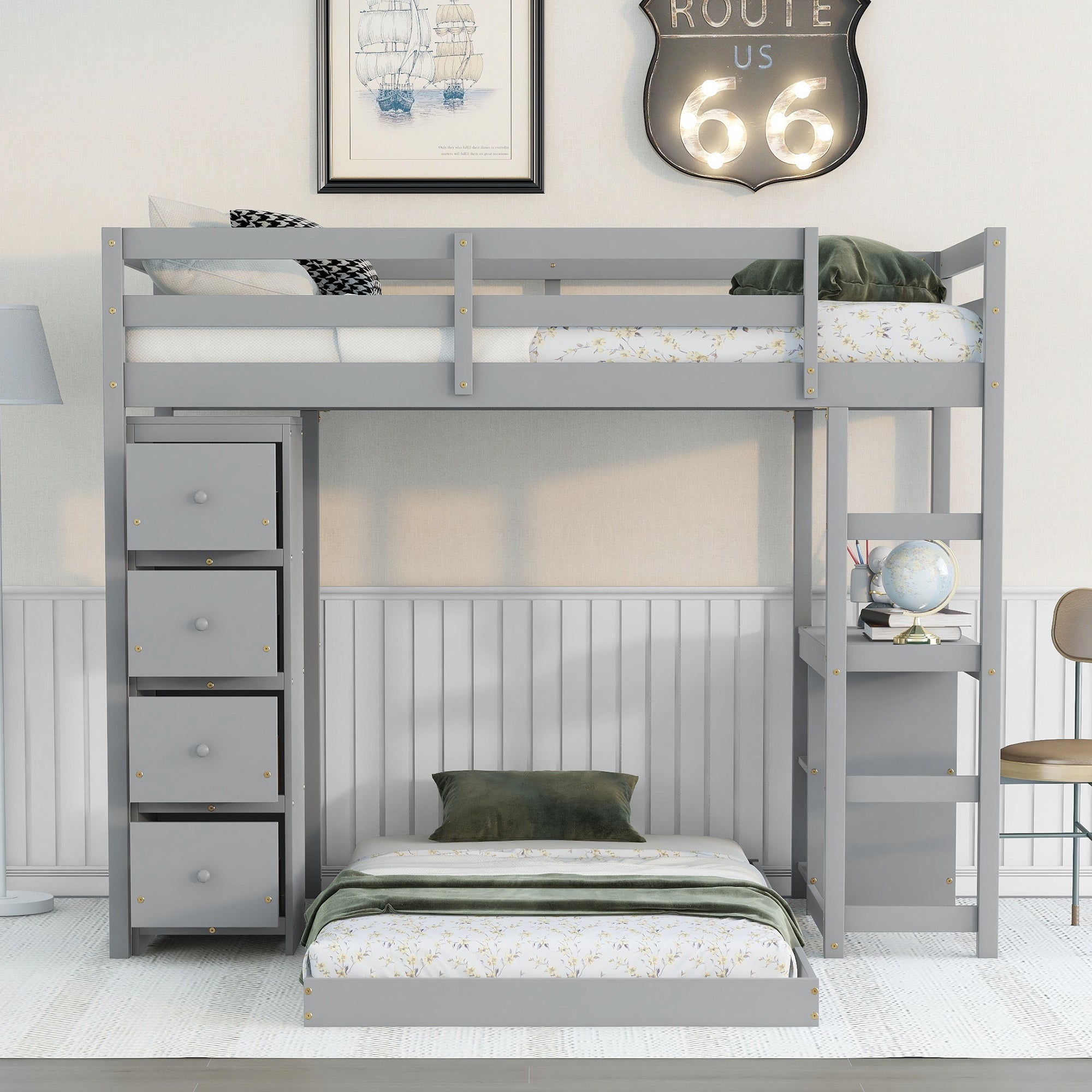 Euroco Twin Over Twin Loft Bed with Four Drawers and Ladder for Kids, Gray