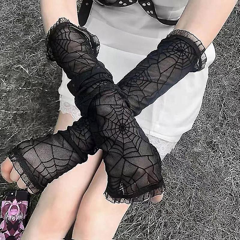 Women Gloves Sexy Fashion Female Full Finger Short Lace Gloves Women Driving Spider Web Pattern Sun Anti-uv Black Gloves