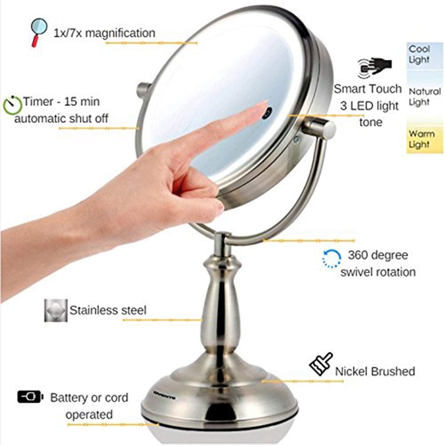 Ovente 75  Lighted Tabletop Vanity Makeup Mirror 1X and 7X Magnifier Spinning Double Sided Round LED 3 Tone Smart Touch Auto Shut Off Timer Battery and AC Plug Operated Nickel Brushed MPT75BR1X7X  Crowdfused