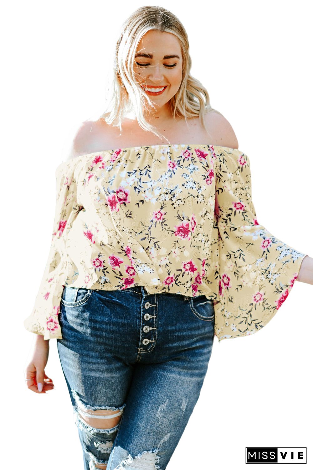 Plus Size Floral Off Shoulder Ruffle Sleeve Top