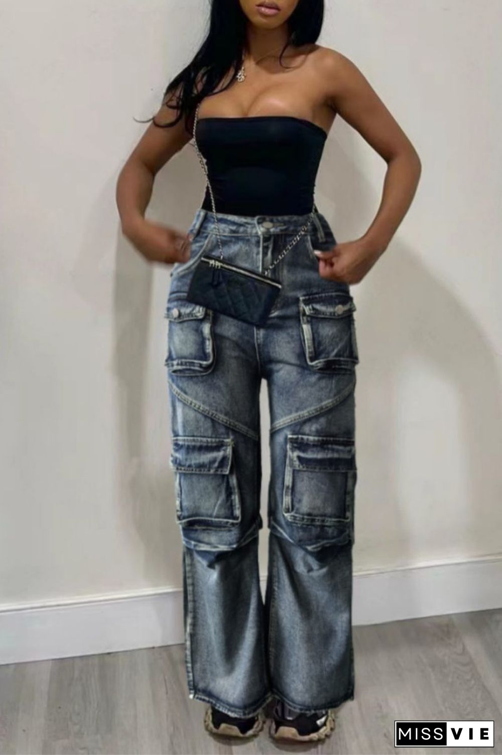 Casual Solid Patchwork Pocket High Waist Straight Denim Jeans