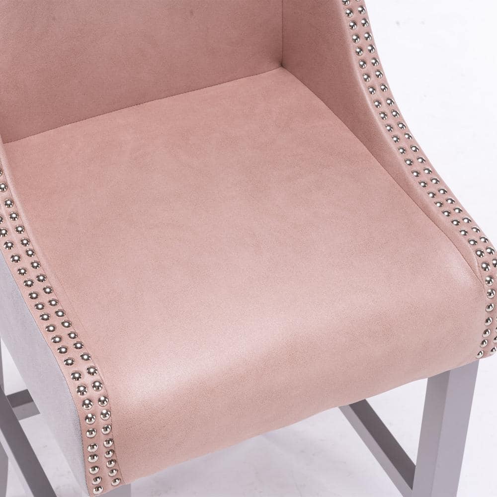 URTR Lovely 37.7 in. Pink Low Back Wood Bar Stool Side Chairs Dining Chair with Fabric Seat Nail Head Trim (Set of 2) HY02147Y