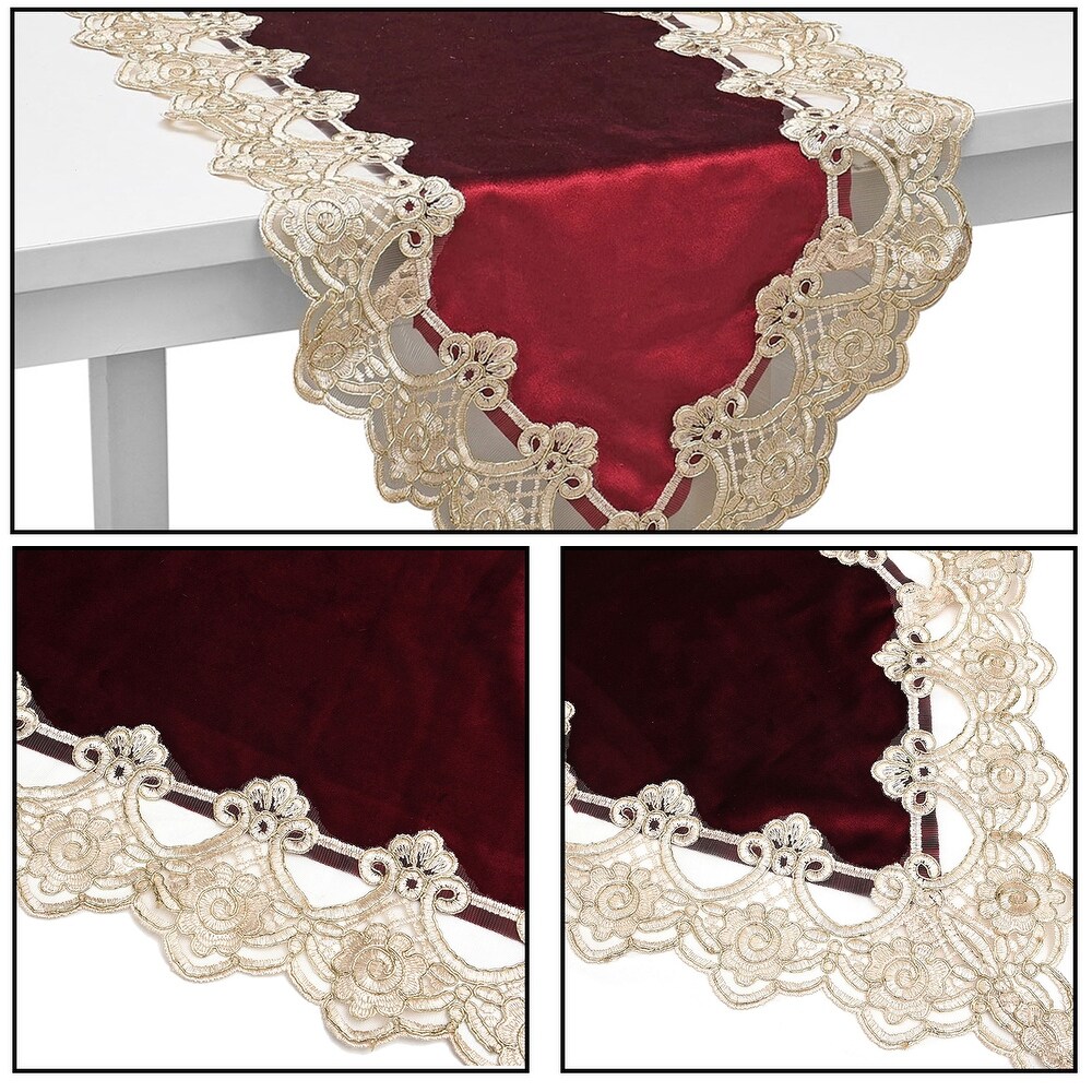 Damask Pattern Polyester Velvet Table Runner with Gold Lace Border