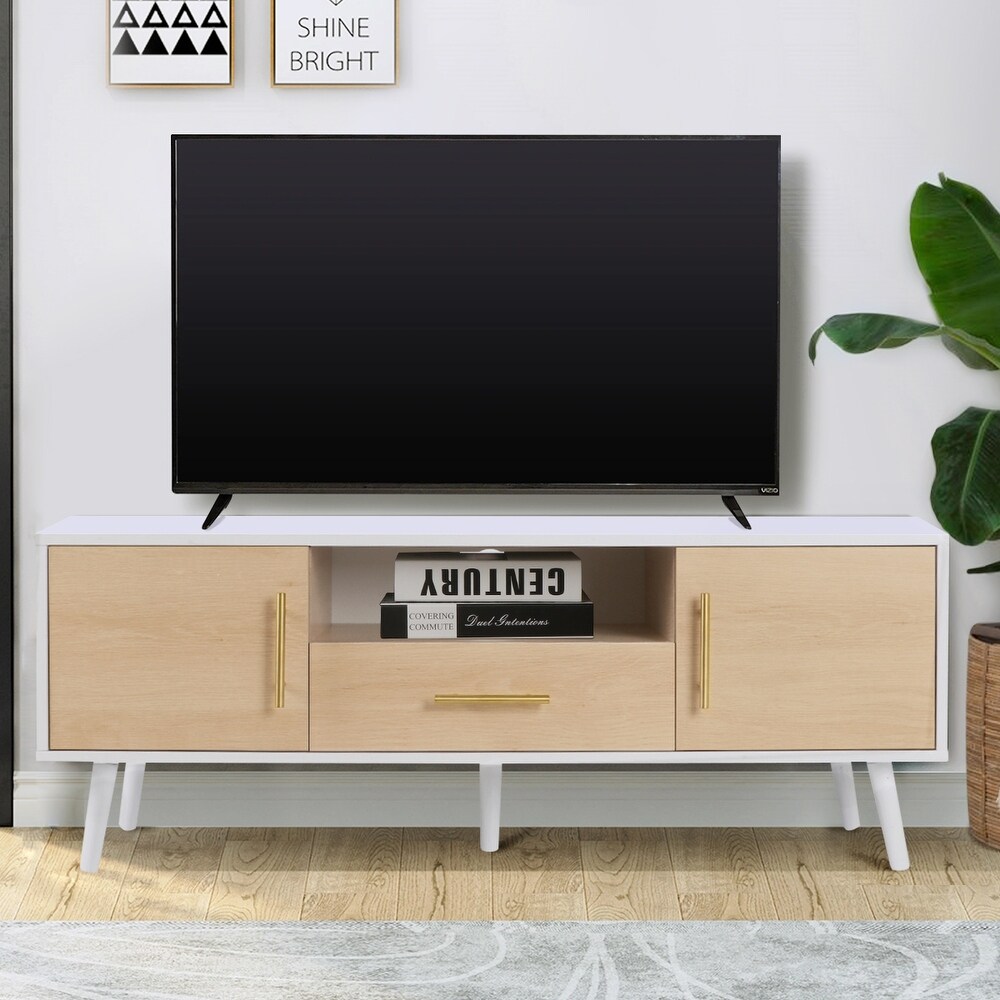 Anmytek Mid Century Modern TV Stand for TVs up to 55 inch  Boho Media Console Table with Storage Cabinet and Drawer