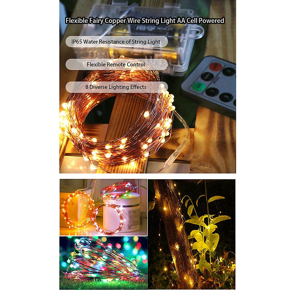 Multicolor 20 Meters 20m/65.6ft 200 Leds Fairy Lights Copper Wire Lamp Christmas String Light 8 Lighting Modes With Remote Control 3 * Aa Cell Powered