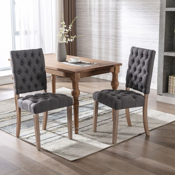 Wooden Frame Linen Fabric Tufted Dining Chair，Set of 2