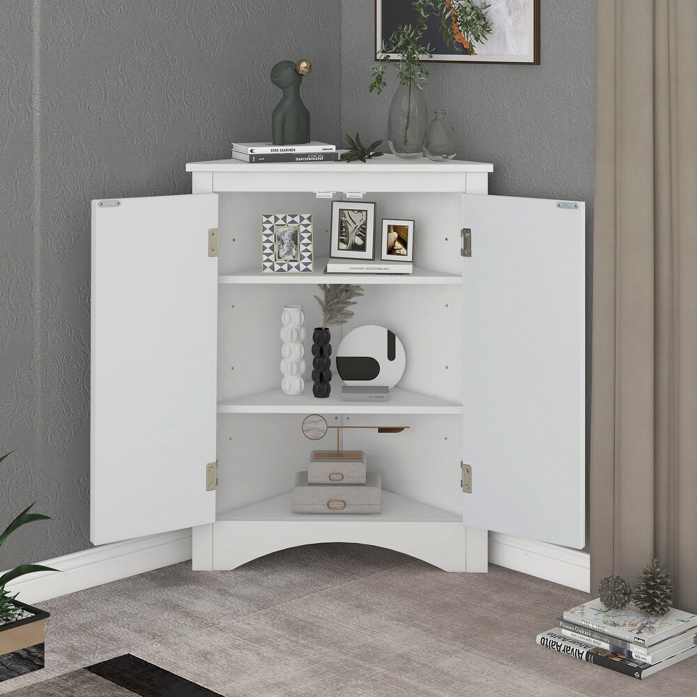 Triangle Bath Room Waterproof Storage Cabinet  Freestanding Corner Floor Storage Cabinet with Door and Adjustable Shelf  White