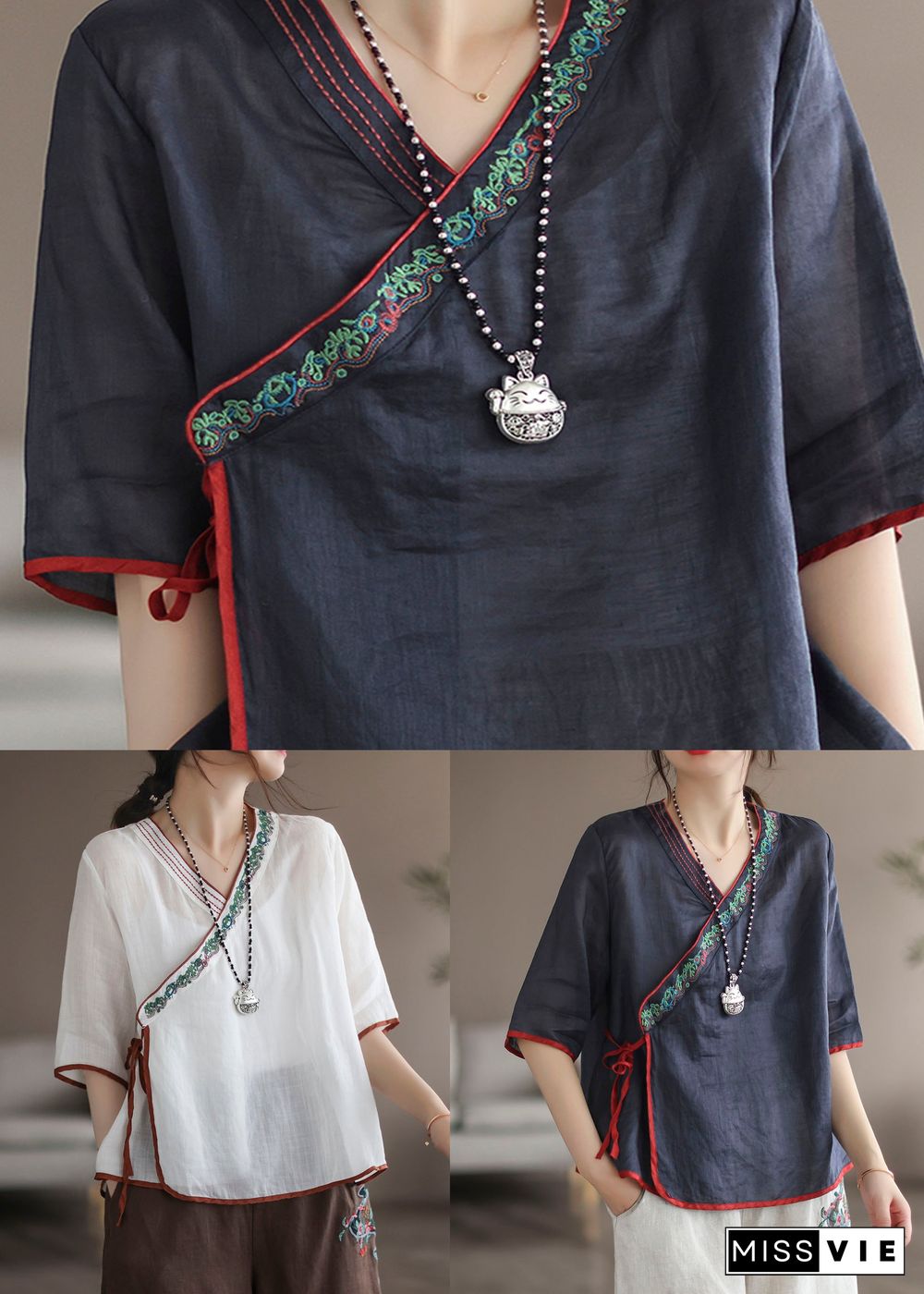 White Patchwork Linen Shirt Embroideried Lace Up Half Sleeve