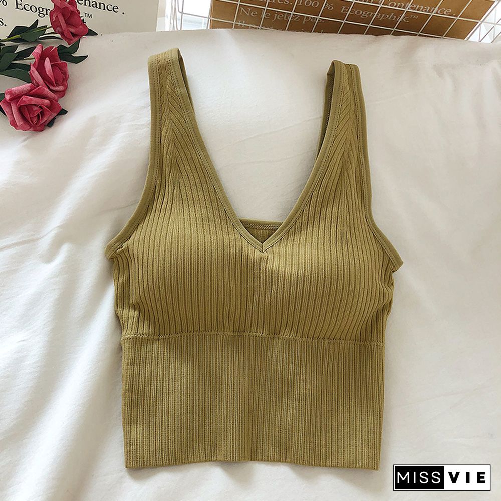 Pearl Diary Bra Tops Summer V Neck Rib Crop Tank Top With Detachable Bra Pads Sleevelss Solid Color Backless Sporty Bra Top