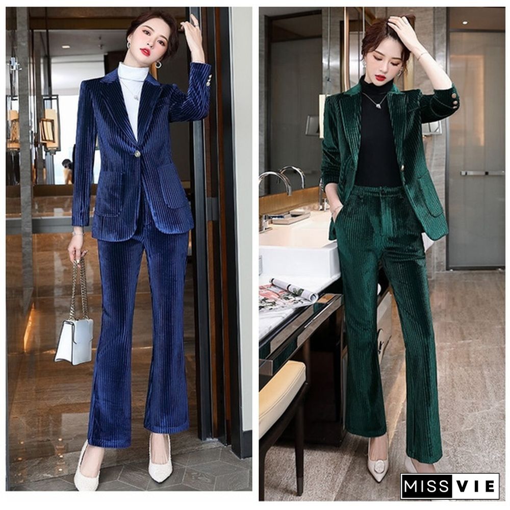 Women Flare Pants Trousers Bell-Bottoms Suit Set Velvet Blazer Jacket Striped Coat Office Outfits Business Formal