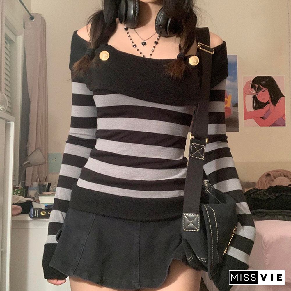 Retro Striped Print Grunge Tshirts Slash Neck Buttons Autumn Vintage Tops Tees Aesthetic Chic Cute Slim Outfits