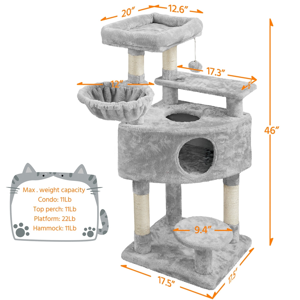 Easyfashion Multilevel Plush Cat Tree Indoor Activity Tower with Basket Condo for Kittens， Light Gray