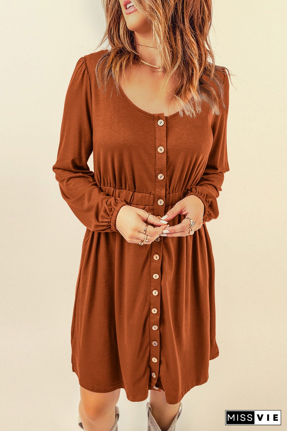 Brown Button Up High Waist Long Sleeve Dress