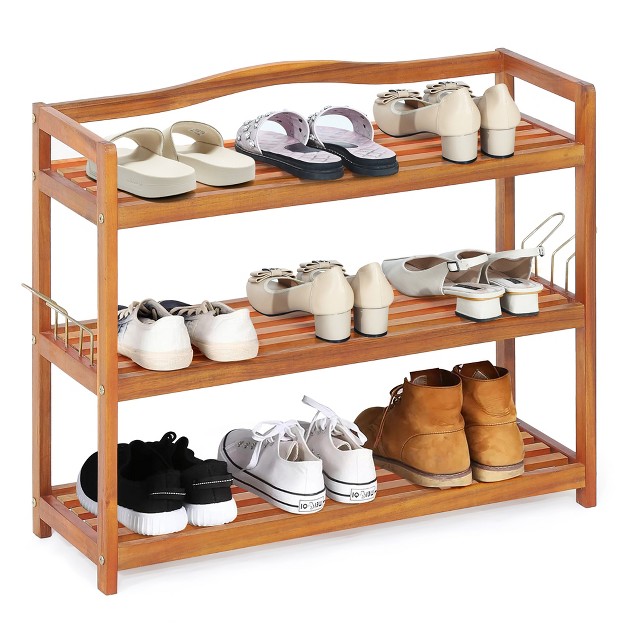 Costway 3 tier Wood Shoe Rack Solid Acacia Wood Shoe Shelf With Side Metal Hooks