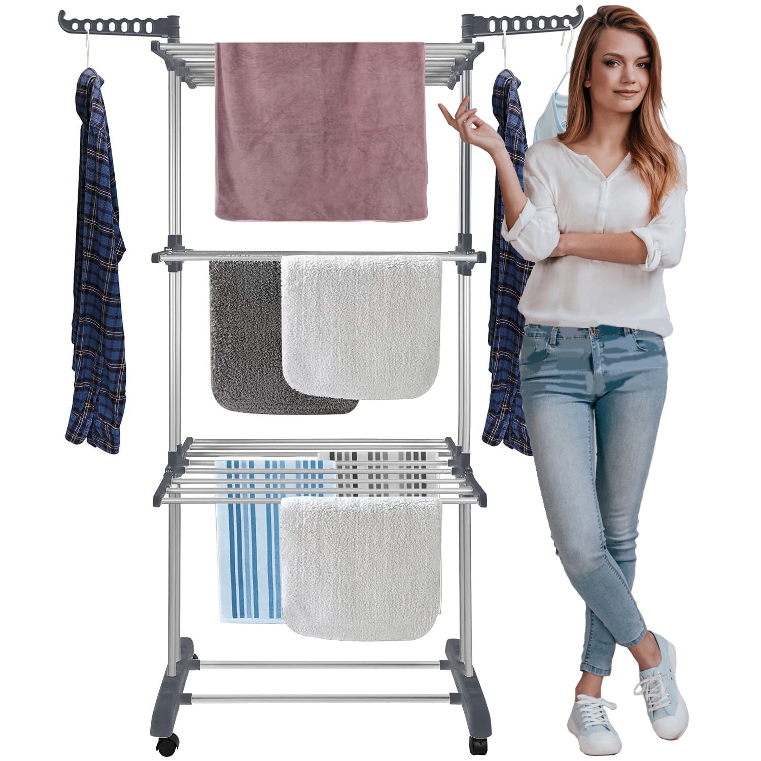 Bigzzia 3 Tiers Clothing Drying Rack,Stainless Steel Shoe Rack with Casters,Shelf for Storage,Stainless Steel Hanging Rods,Removable Drying Rack for Indoor and Outdoor Use,Gray.