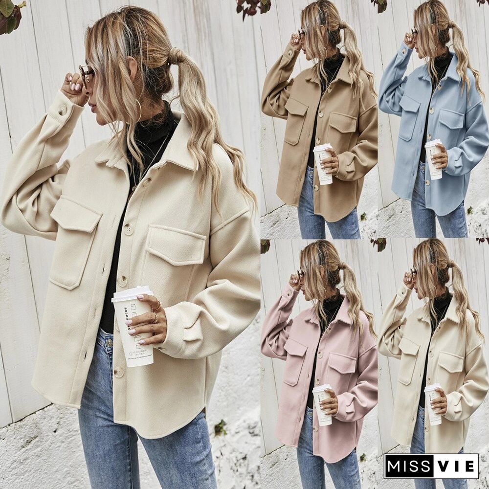 Winter Lapel Women Jacket Single-breasted Thickened Solid Color Shirt Woolen Loose Coat Women Coat