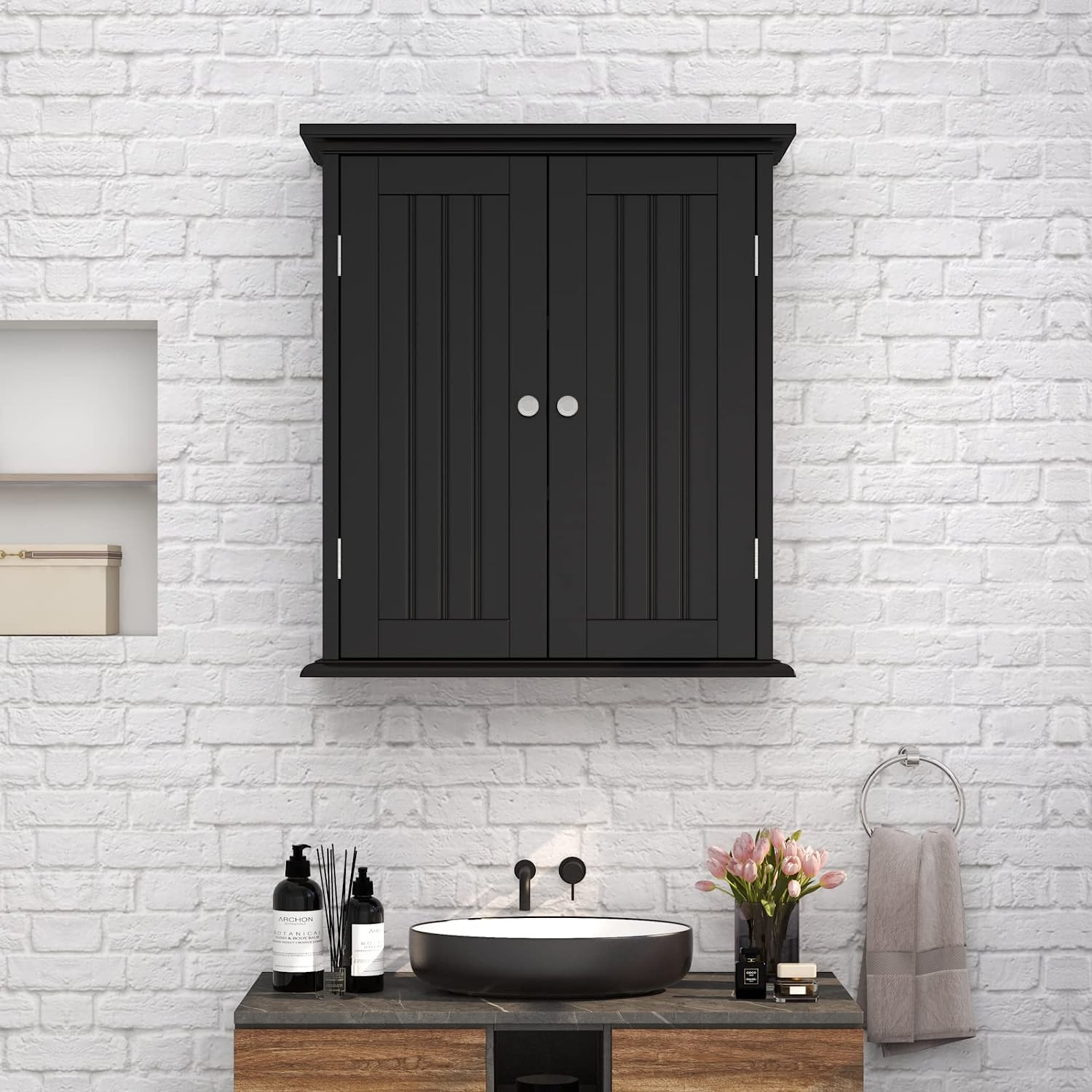 YELROL Bathroom Wall Cabinet  Over The Toilet Space Saver Storage Cabinet  Medicine Cabinet with 2 Door and Adjustable Shelves  Cupboard (Black)