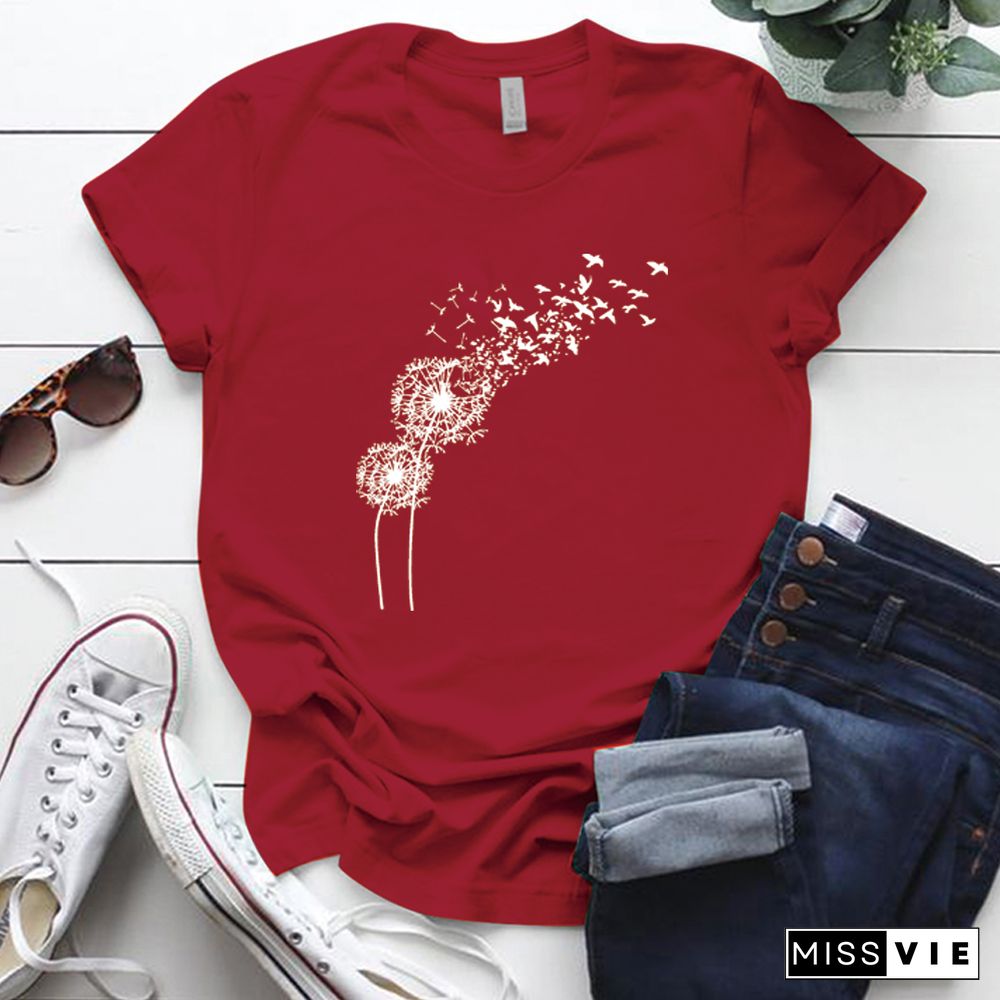 Harajuku Shirt Dandelion Printing Graphic Tees Women Street Style Short Sleeve O-Neck Cotton Woman Tshirts Tops Mulher Camisetas