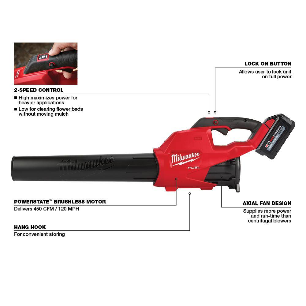 MW M18 FUEL 18 in. 18V Lithium-Ion Cordless Brushless Hedge Trimmer with Blower 8AH Battery and Charger Combo (2-Tool) 3001-20-2724-21HD