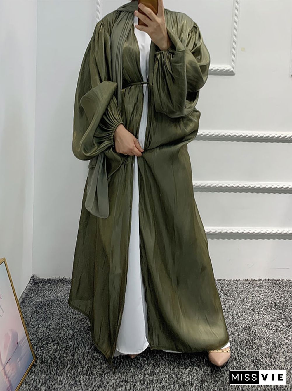 Ramadan Organza Open Abaya Kimono Women Puff Sleeve Shining Cardigan Muslim Dubai Arabic Party Long Dresses Modest Outfit Summer