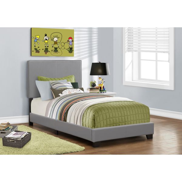 Bed， Twin Size， Bedroom， Frame， Upholstered， Grey Leather Look， Transitional