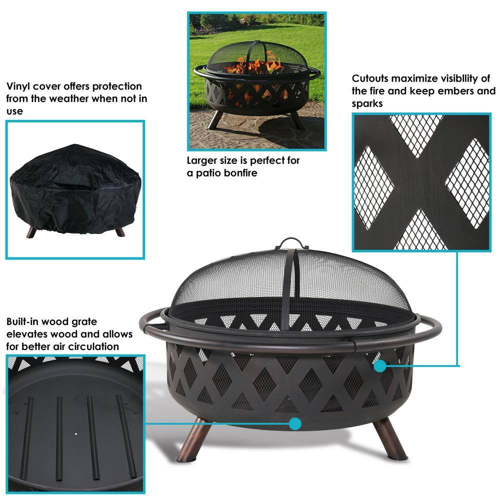 Sunnydaze Decor Black Cross Weave 36 in. x 24 in. Round Steel Wood Burning Fire Pit with Spark Screen NB-610037BLK