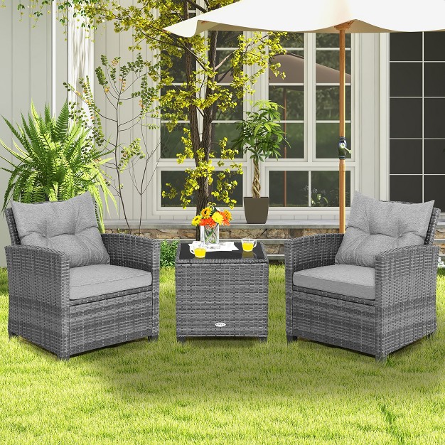 Costway 3pcs Patio Rattan Furniture Bistro Set Cushioned Sofas Side Table Armrest Grey