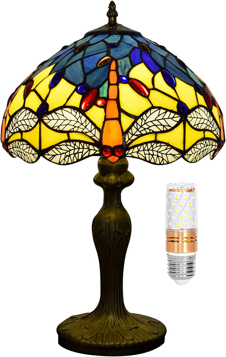 SHADY  Lamp Stained Glass Lamp Yellow Blue Dragonfly Bedroom Table Lamp Reading Desk Light for Bedside Living Room Office Dormitory Dining Room Decorate  12x12x18 Include Light Bul